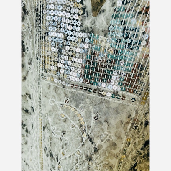 Chico's 2 Silver Sequin Snakeskin Patterned Sheer Tunic Top Blouse Large - Picture 6 of 8